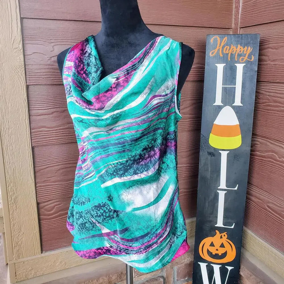 Elementz Abstract Multicolor Sleeveless Silky Draped Collar Blouse Women's Small - Picture 3 of 15